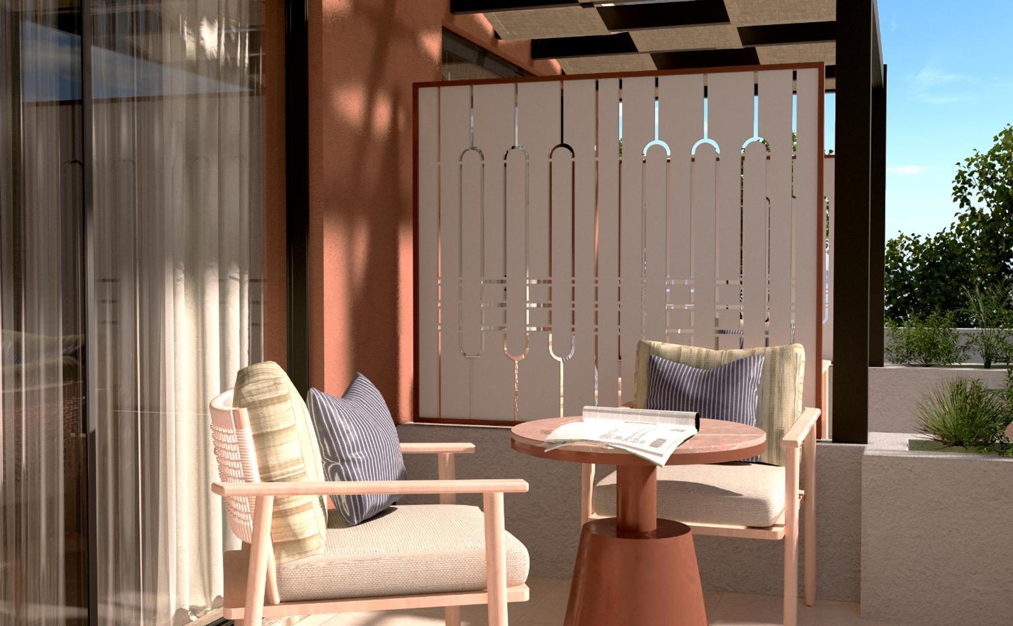 Sentido Apollo Palace Mesongí エクステリア 写真 A 3D rendering of a balcony